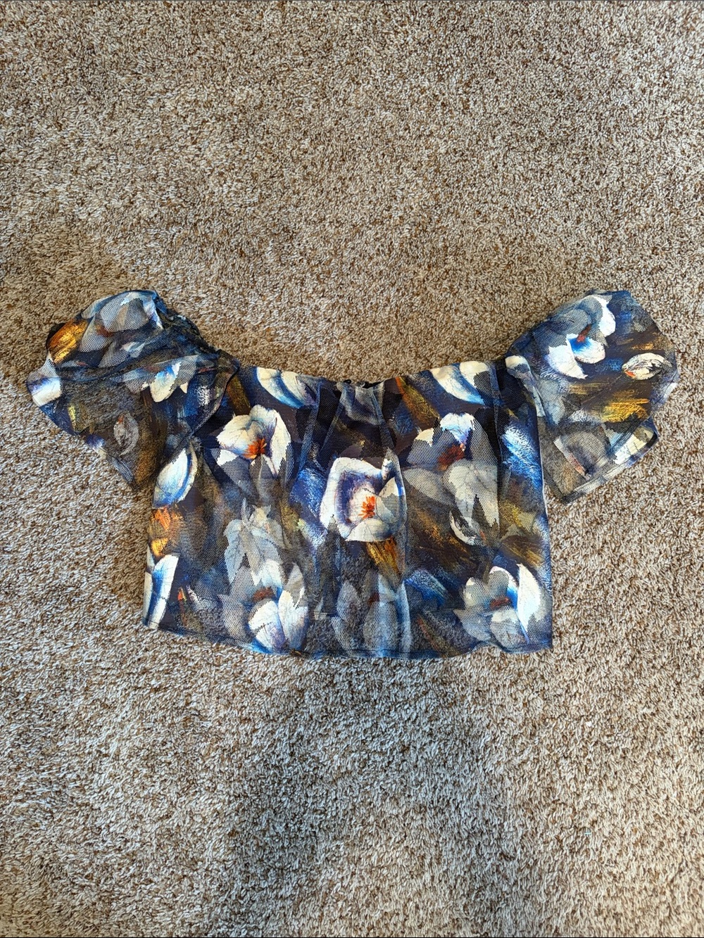 Flying Tomato Blue Floral Off-Shoulder Ruffle Crop Top